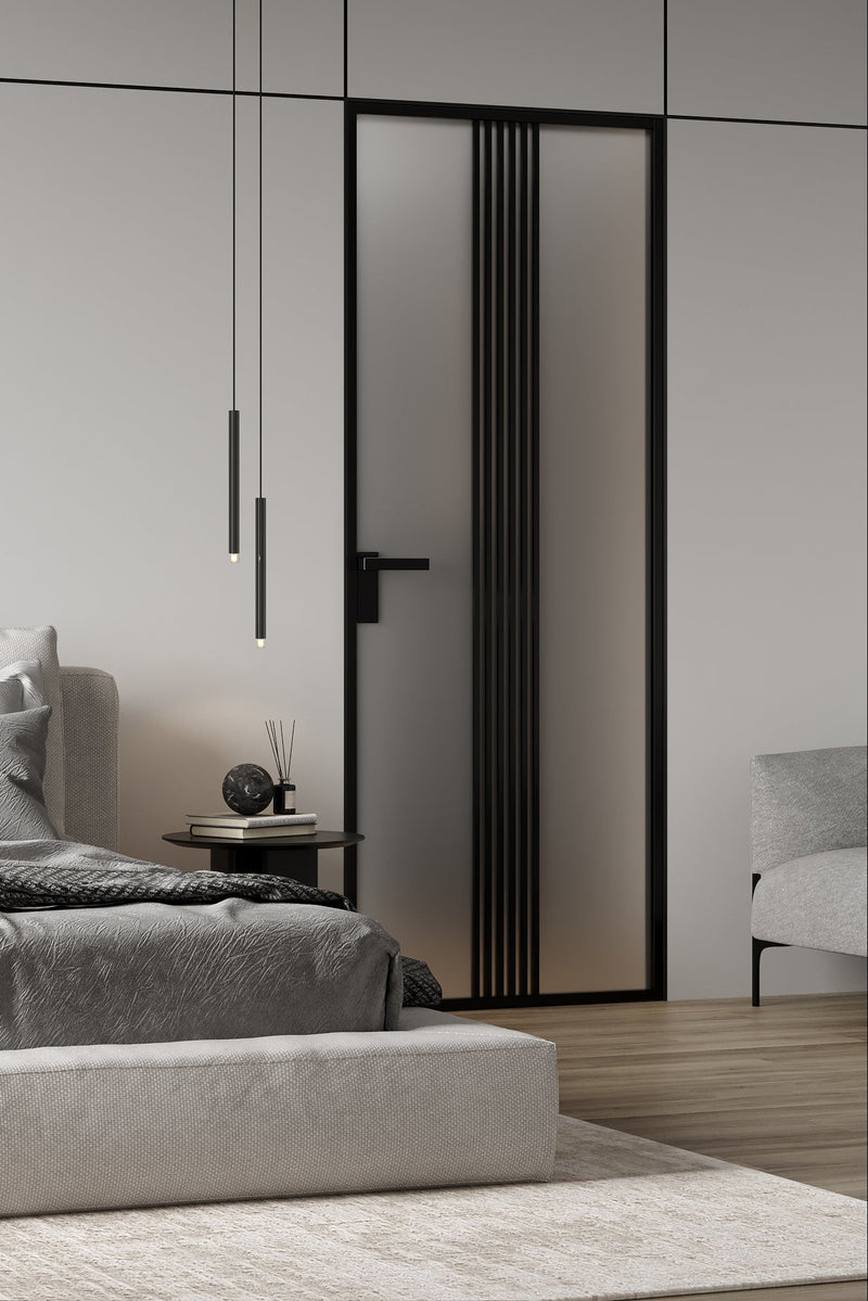 Modern bedroom with a bed, nightstand, and decorative items.